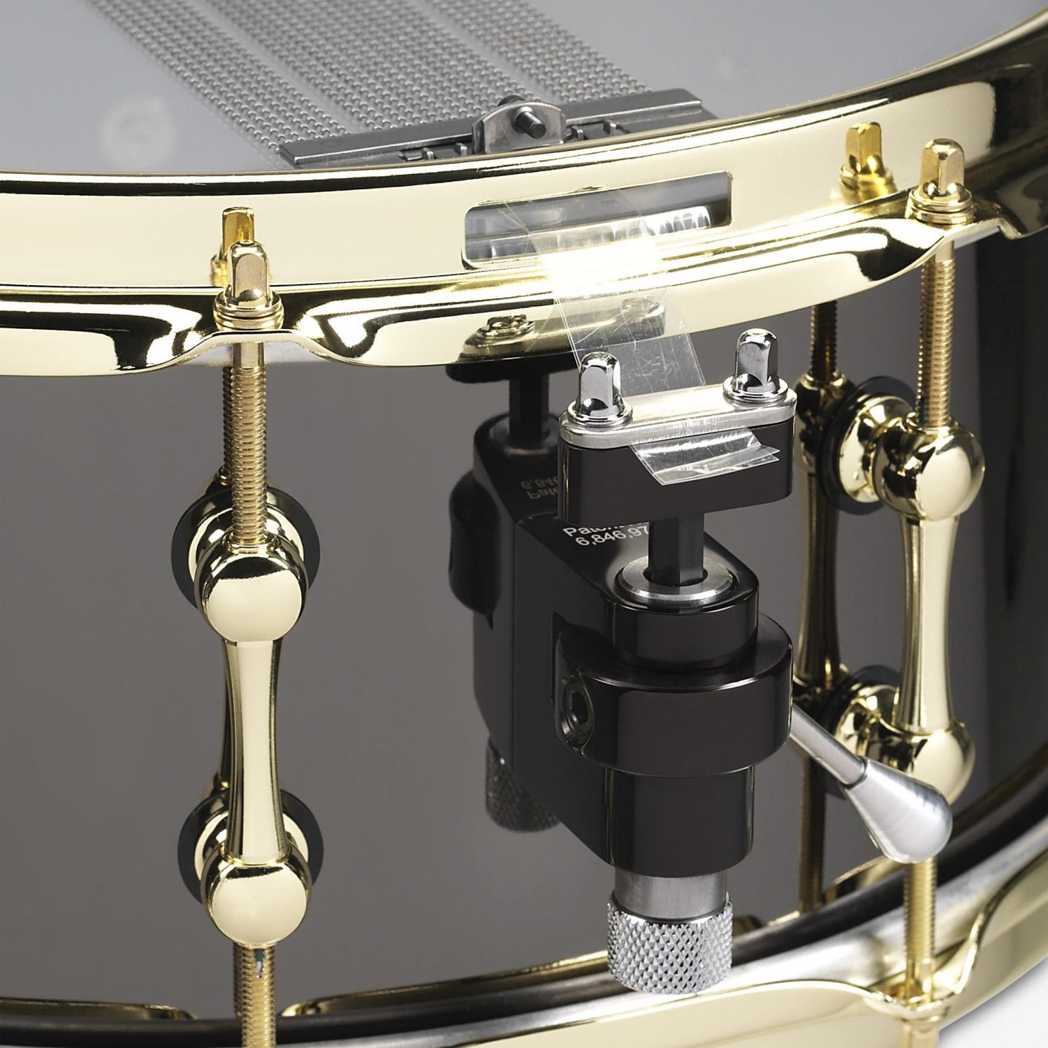 Black Chrome on Bell Brass Snare Drum with Black Trick Throw Off